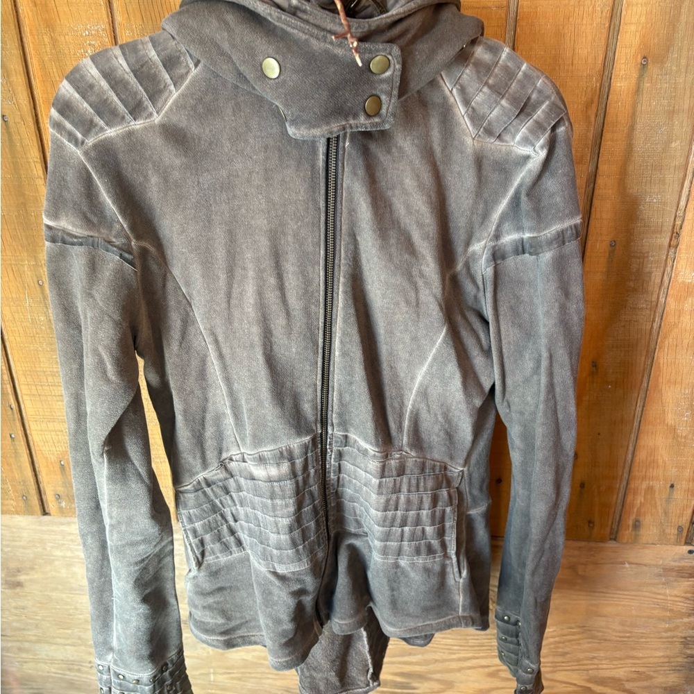 Gray Hooded Jacket with Button Details